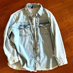 Distressed look denim oversized button down shirt jacket